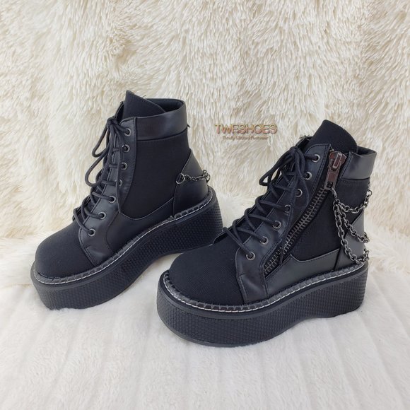 Emily Black Canvas Chain Goth 2" Platform Ankle Boots 114x - Picture 3 of 16